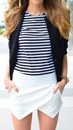 Black and white striped t-shirt with blazer and mini fold-over skirt
