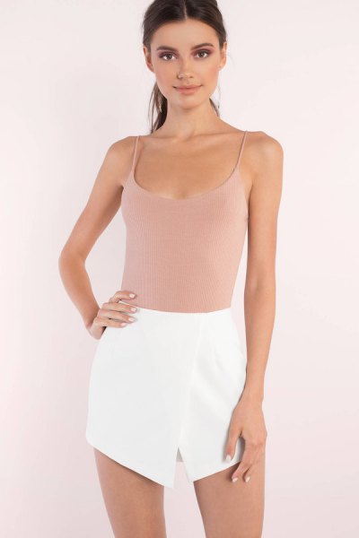 Pale pink scoop neckline fitted cami top with mini skirt