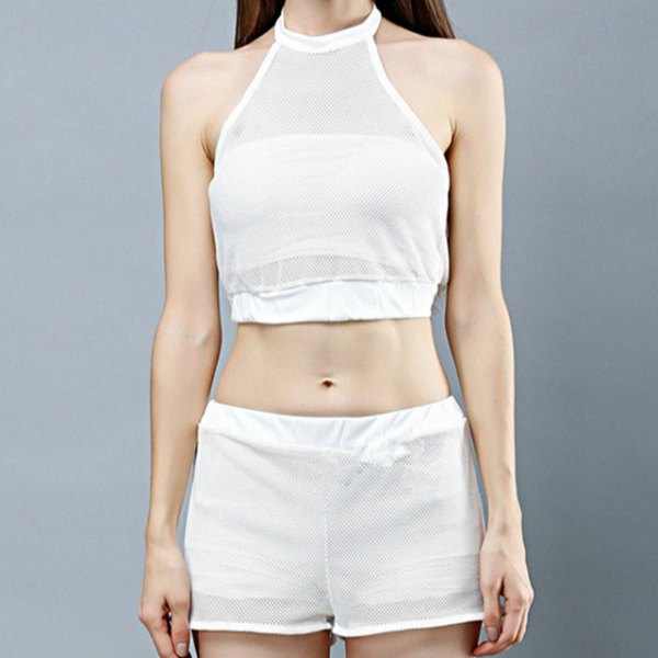 White cropped halter top with mini mesh shorts