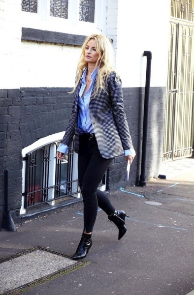Black and white checked blazer with light blue shirt and leather boots
