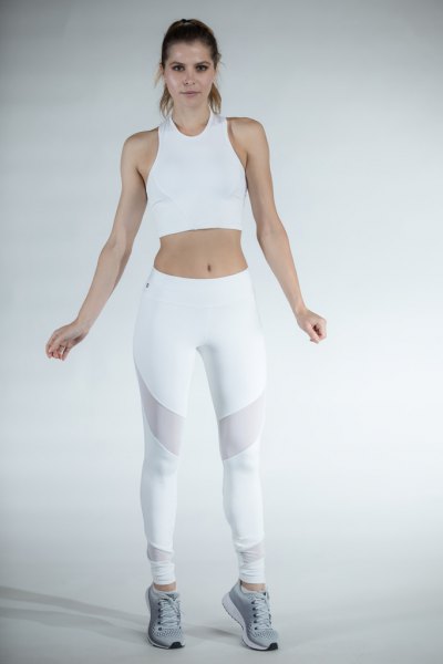 White cropped tank top with mesh leggings