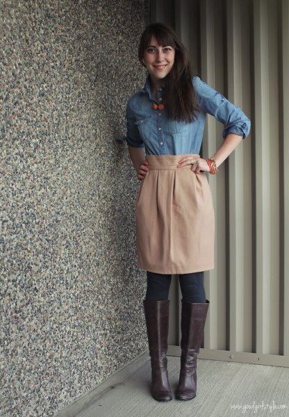 Light blue chambray shirt with pink high waist knee length skirt
