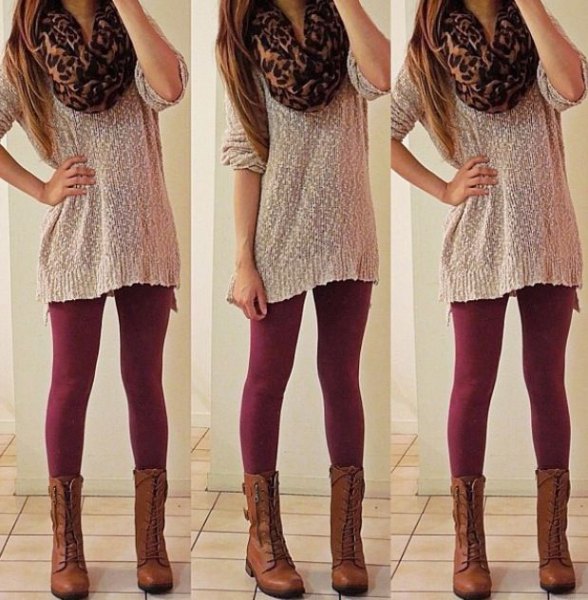 blushing long sweater with leopard print infinity scarf