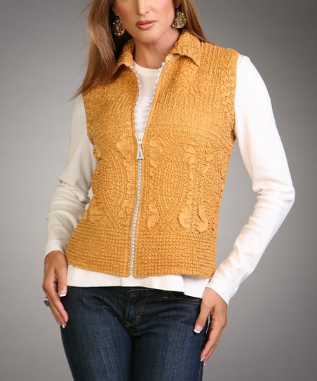 Gold lace vest with zip and white long sleeve t-shirt