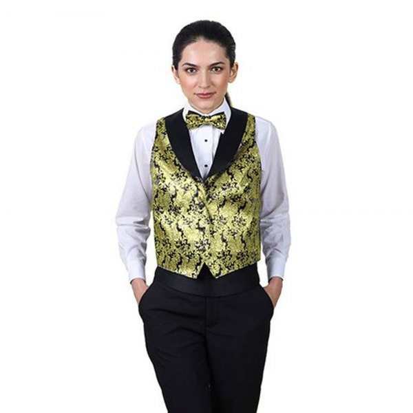 Gold and black printed waistcoat with matching bow tie and white shirt