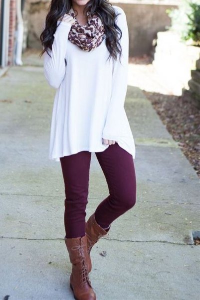 White leopard print scarf tunic sweater with gray lace-up
boots