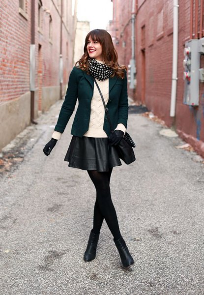black blazer with mini leather skirt and mini boots