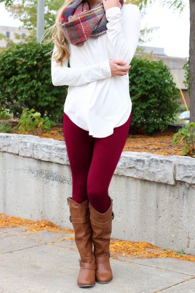 White tunic t-shirt with gray check cashmere scarf and burgundy fleece leggings