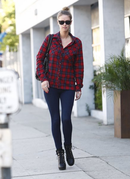 red and black checked shirt with leggings