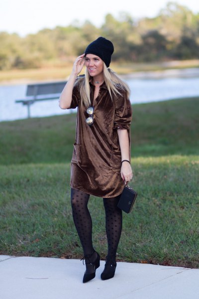 Bronze silk shirt dress with tights and short pointed-toe leather boots