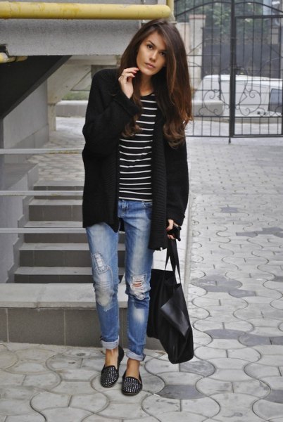 Longline cardigan with striped t-shirt and black spiked
loafers
