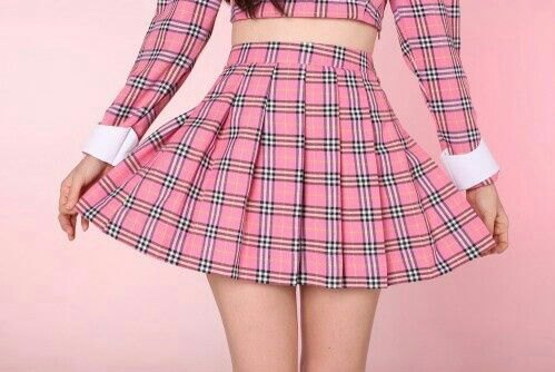 pink and black plaid long sleeve top with matching skater mini skirt