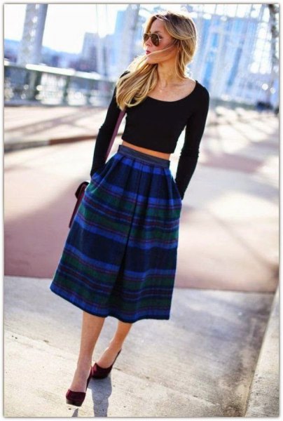 black cropped sweater with blue plaid midi skirt