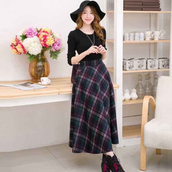 Black long sleeve scoop neck t-shirt and gray checked wool maxi skirt