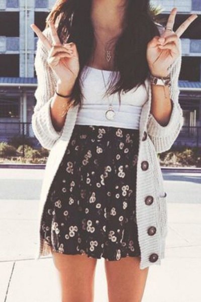 light grey, long cardigan with black and white printed mini skater skirt
