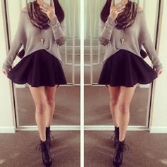 Gray relaxed fit sweater, scarf and black mini skater skirt