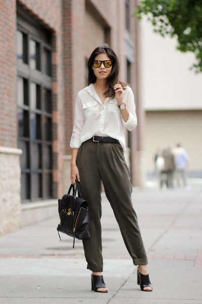 White long sleeve blouse with gray cuffed straight leg chinos