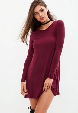 Burgundy long sleeve bodycon t-shirt dress with thigh high
boots