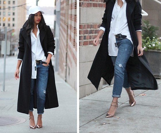Black long wool coat with white boyfriend shirt and straight leg jeans