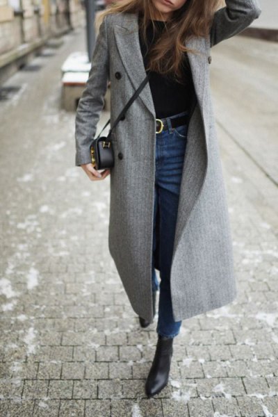 Gray walker coat with blue belted high-rise skinny jeans