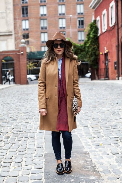Camel walker coat styled with brown long coat dress and black leather shoes