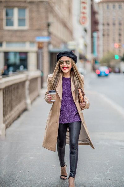 Rouge pink coat with dark blue sweater and black leather leggings