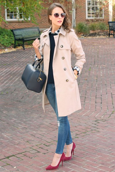 Light pink walker coat with white shirt and black sweater