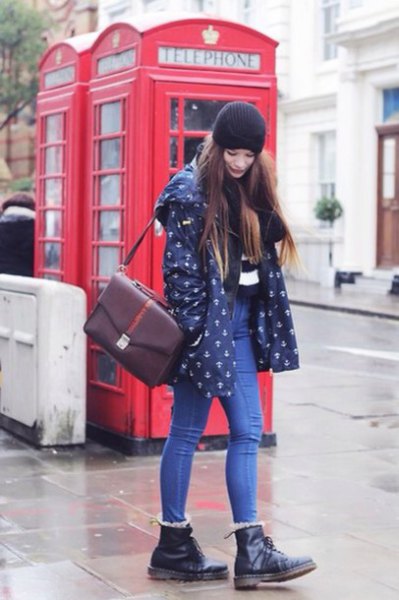 dark blue printed jacket with black leather ankle boots