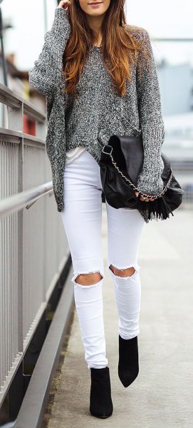 Heather gray thick sweater with ripped white jeans