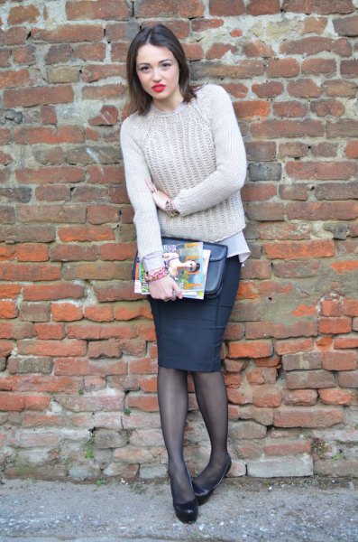 Chunky cable knit jumper, black pencil skirt and stockings