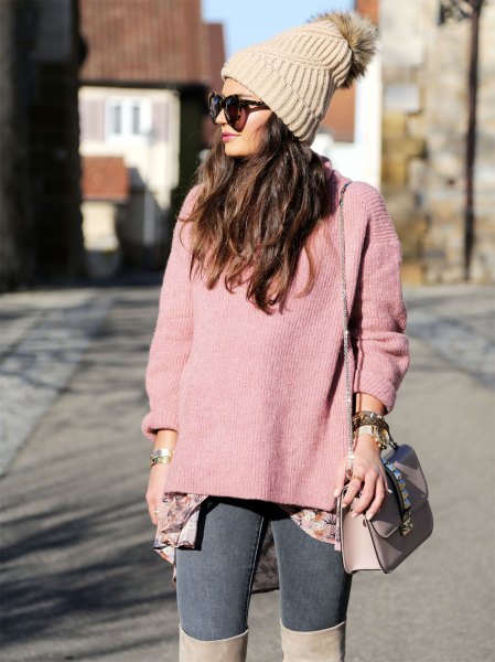 blush pink cashmere sweater with knit hat and thigh high boots