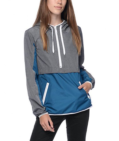 Gray and navy color block pullover sport jacket with dark
jeans