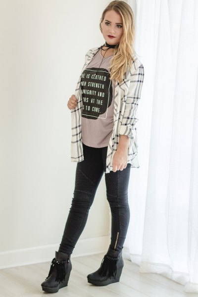White and gray check boyfriend shirt with cool pink graphic tee
