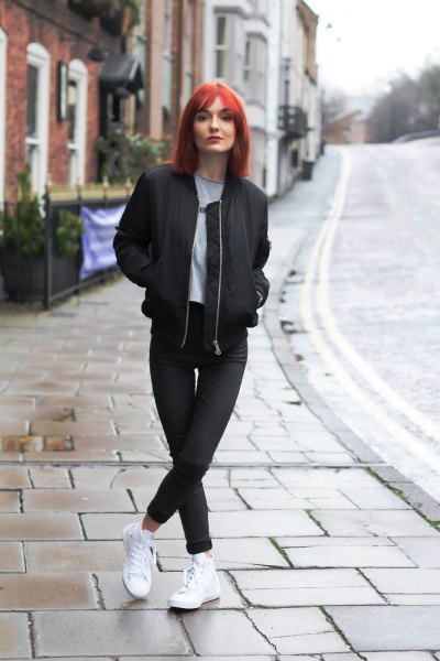 Black jacket with matching skinny jeans and white sneakers