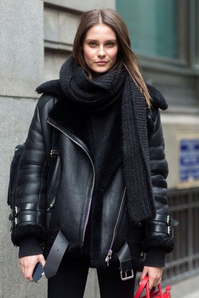 Black leather flight jacket with long knitted scarf