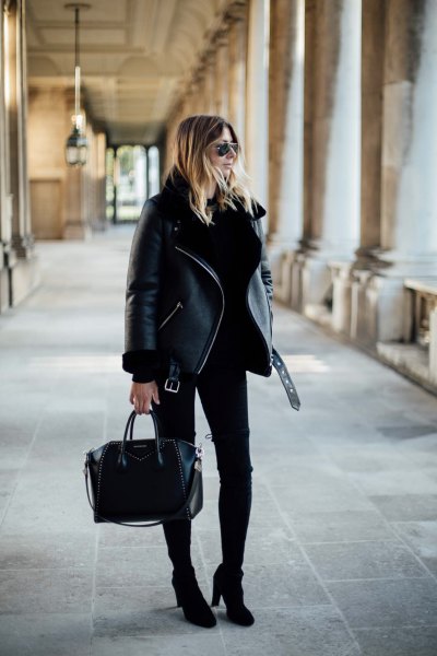 Black jacket with skinny jeans and ankle boots with ankle boots
