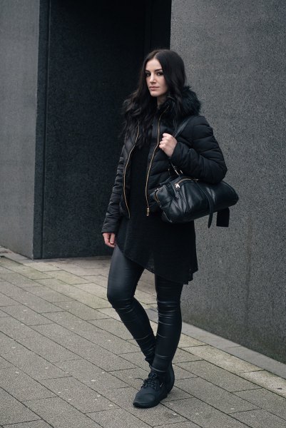 Black padded jacket with faux fur collar and leather leggings