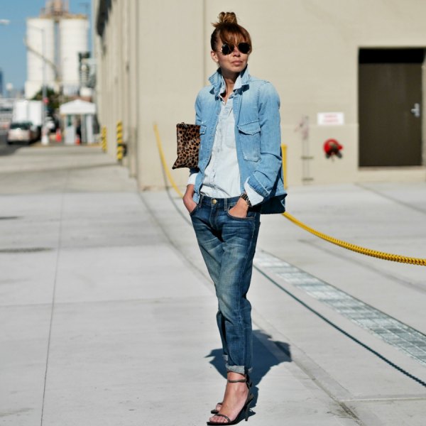 Blue denim jacket with light chambray button down shirt and cuffed straight leg jeans