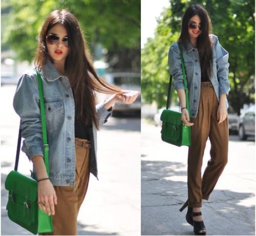 Oversized blue denim jacket with high waisted green chinos
