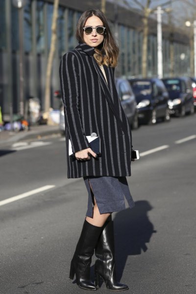 Black and gray large blazer jacket with a straight midi skirt