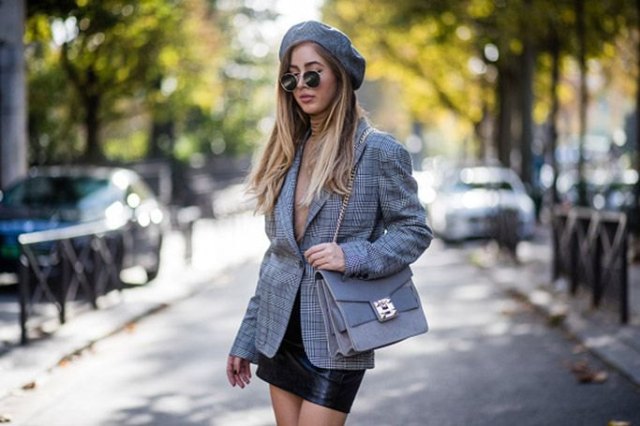 Oversized gray check tweed blazer and black leather mini
skirt