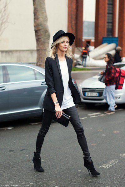 black felt hat with blazer and coated skinny jeans
