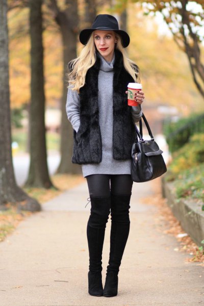 Black floppy hat with gray cowl neck sweater dress and leggings