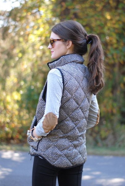 gray quilted long down vest with patch elbow-white top
