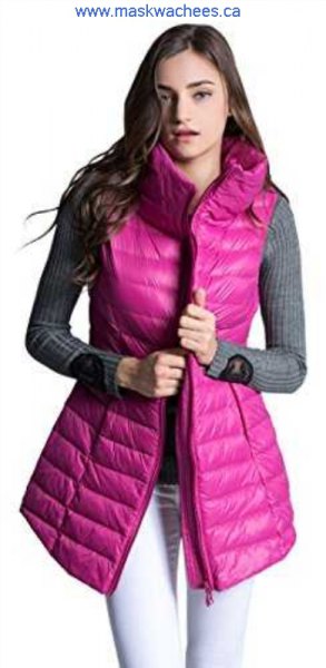 Hot pink long down vest with gray ribbed bodycon sweater