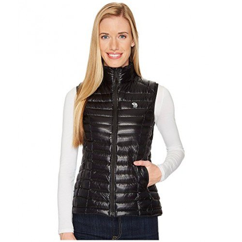 Black down vest with stand-up collar and white fitted long-sleeved T-shirt