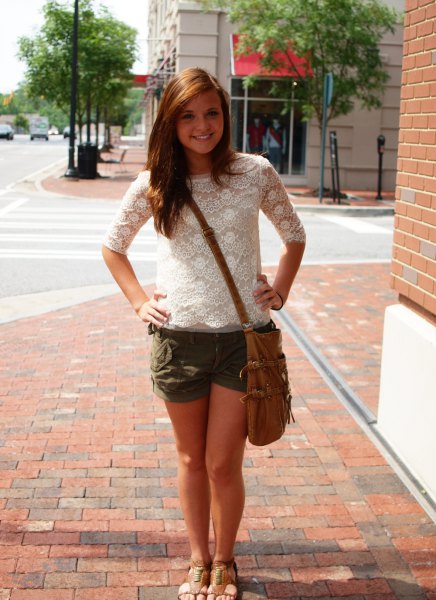 White lace blouse with half sleeves and flowy mini shorts