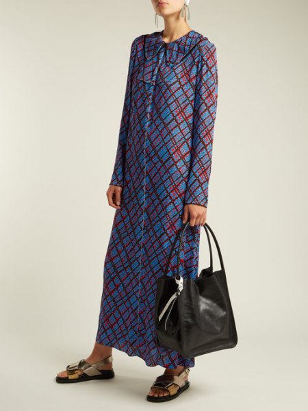 Blue and gray plaid maxi dress with buttons and black soft leather handbag