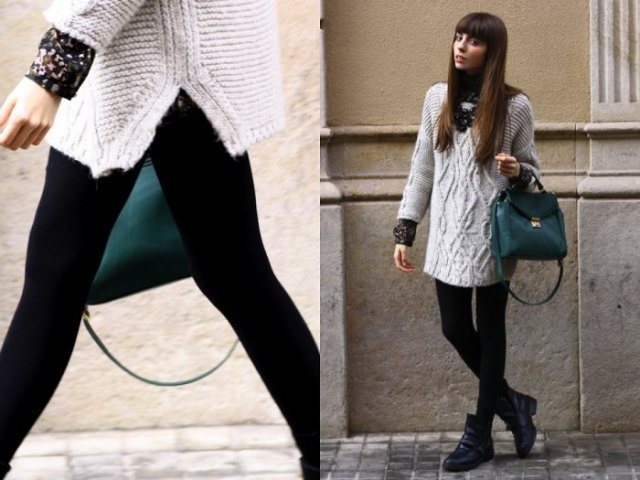 Gray cable knit tunic sweater, leggings and black leather
handbag