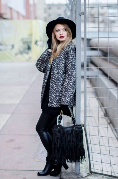 Leopard print coat, black knee high boots and fringe bag